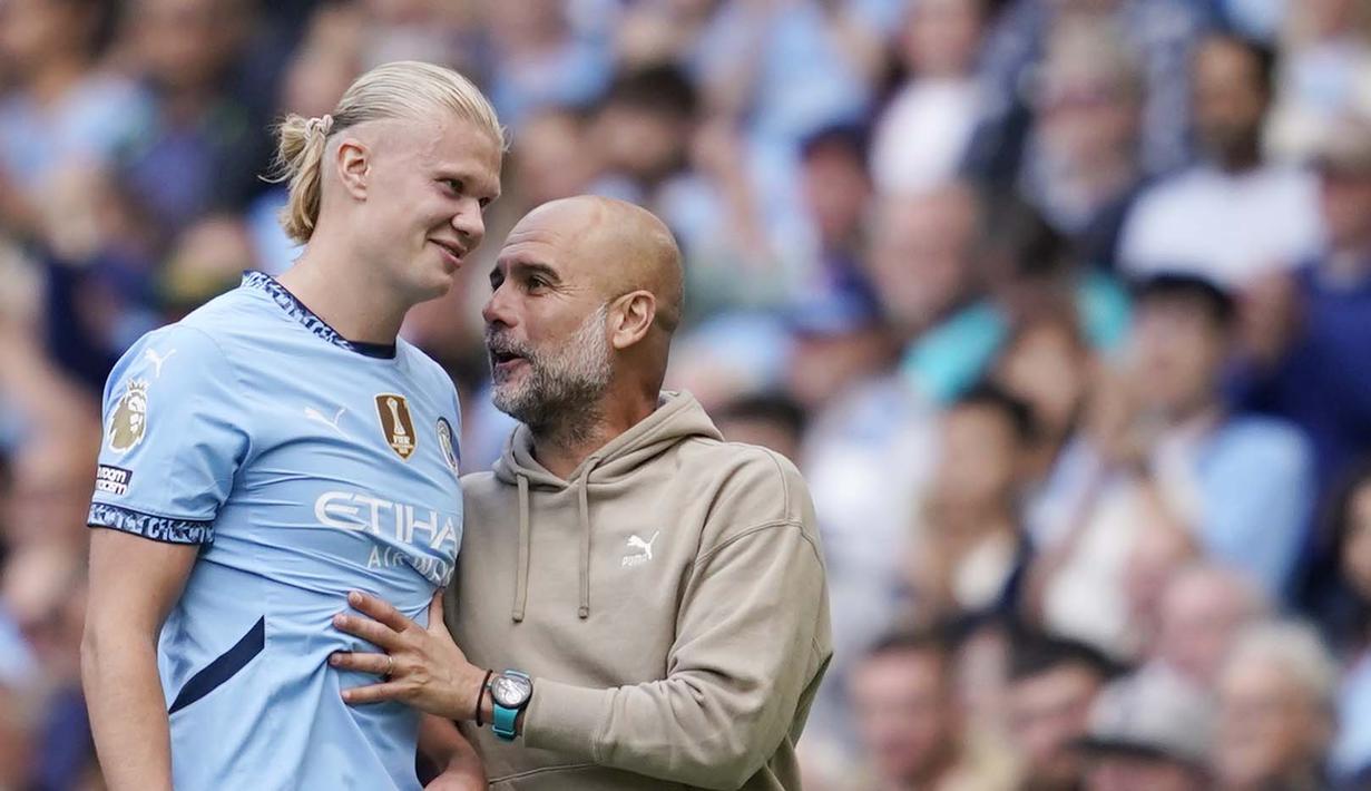 Erling Haaland langsung jauh memimpin daftar pencetak gol terbanyak Premier League 2024-2025 dengan total empat gol. (AP Photo/Dave Thompson)