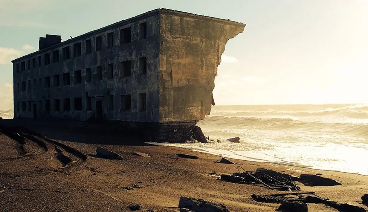 Berada di pinggir laut, gedung ini nampak tinggal sebagian. Bangunan kini konon merupakan bagian dari bekas kota nelayan yang terkikis oleh gelombang laut selama bertahun-tahun.