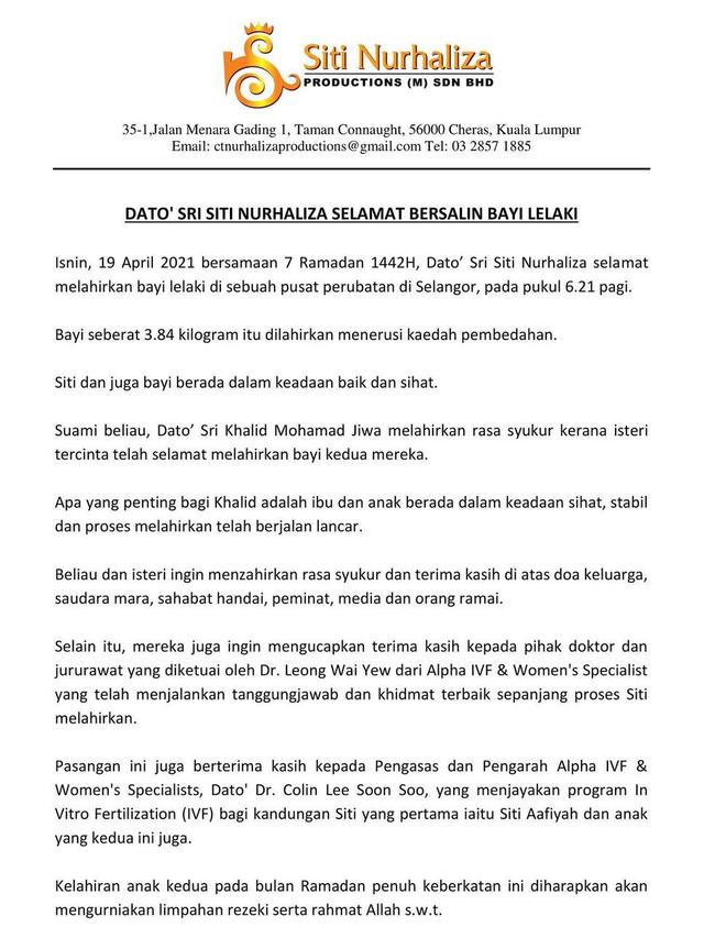 Pengumuman kelahiran anak kedua Siti Nurhaliza