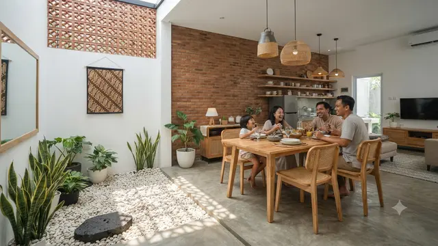 Desain Rumah 6x12 Meter Model Inner Courtyard yang Tetap Nyaman dan Terasa Luas Model Taman Kering Minimalis di Sudut Ruang Makan