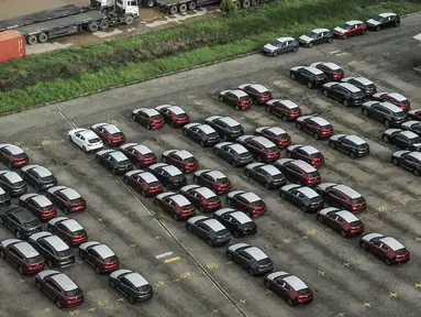 Deretan mobil baru terparkir di kawasan Marunda, Cilincing, Jakarta, Senin (21/6/2021). Pemerintah melalui Kementerian Keuangan memerpanjang diskon 0 persen Pajak Penjualan atas Barang Mewah (PPnBM) hingga Agustus 2021. (merdeka.com/Iqbal S. Nugroho)