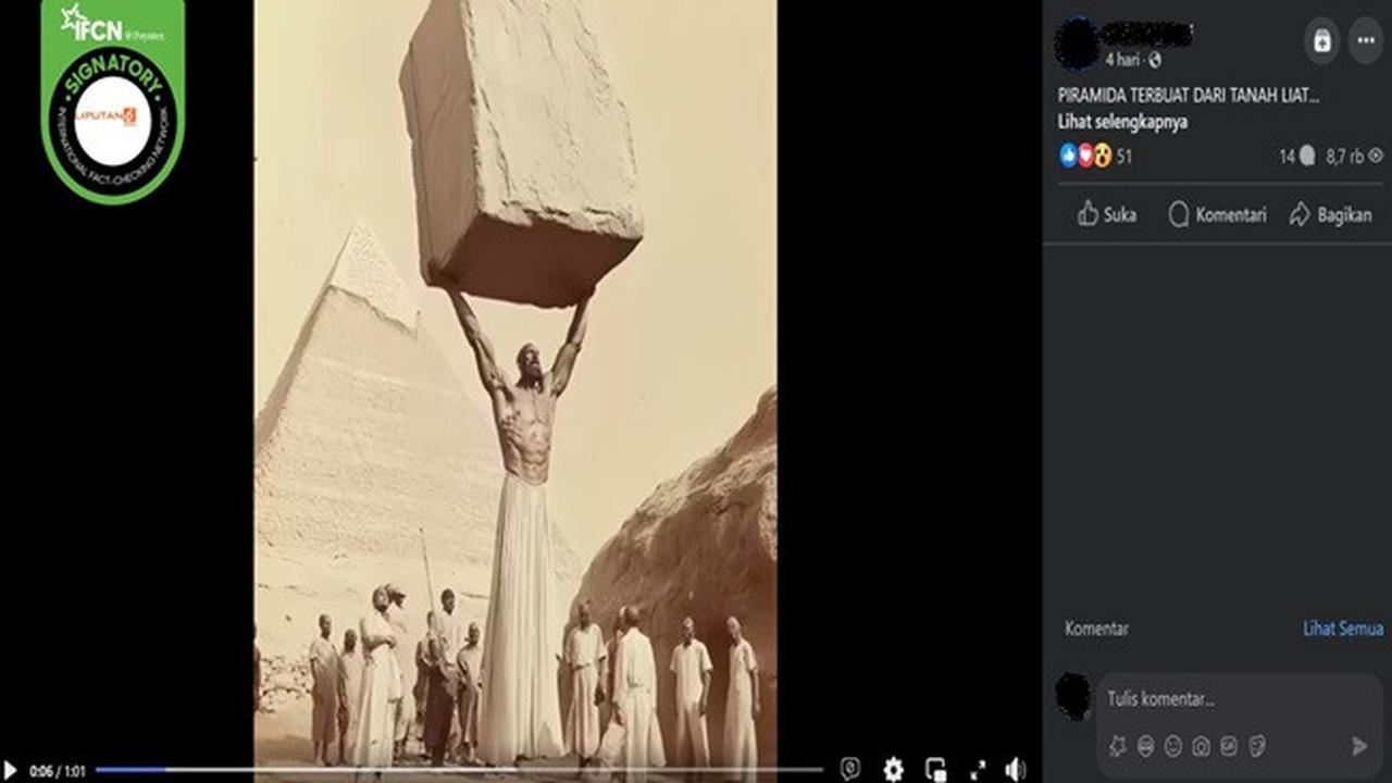Gambar tangkapan layar video yang diklaim pembangunan Piramida di Mesir oleh manusia raksasa. (sumber: Facebook)