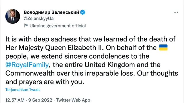 Ucapan dukacita Presiden Ukraina terkait meninggalnya Ratu Elizabeth II. (Foto: Dok. Instagram @ZelenskyyUa)
