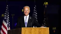 Presiden terpilih Joe Biden saat menyampaikan pidato kemenangan Pilpres AS 2020 di Wilmington, Delaware, Amerika Serikat, Sabtu (7/11/2020). Joe Biden dan Kamala Harris memenangkan Pilpres AS 2020. (AP Photo/Andrew Harnik)