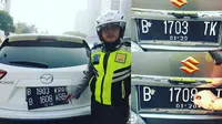 satuan kepolisian lalu lintas Polda Metro Jaya kembali menemukan para pengendara mobil merekayasa plat nomor saat melintasi wilayah ganjil genap di jalan Sudirman, Jakarta. (@tmcpoldametro))