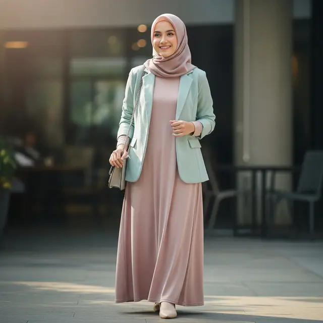 9 Model Gamis Jersey Sederhana dengan Outer Blazer, Inspirasi Gaya Modern