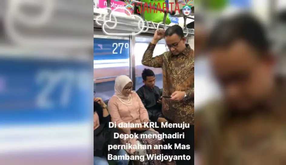 Gubernur DKI Jakarta, Anies Baswedan, dan istri saat menggunakan KRL. (Instagram Anies Baswedan)