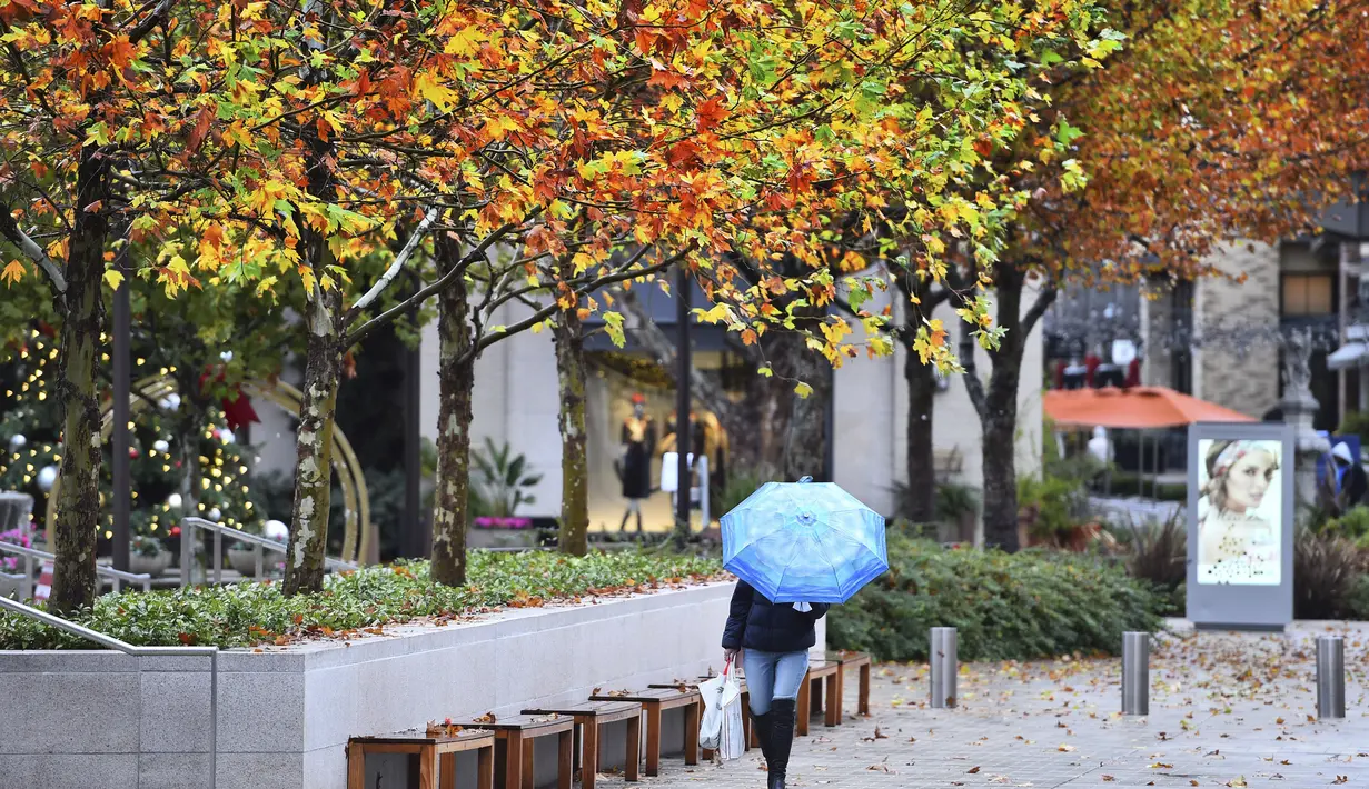Pengunjung melindungi dirinya dari hujan saat berada di Broadway Plaza di Walnut Creek, California (13/12/2021). Musim dingin tiba lebih awal di California Utara dengan angin, hujan, dan salju yang diperkirakan akan meningkat pada Senin (13/12). (Jose Carlos Fajardo/Bay Area News Group via AP)