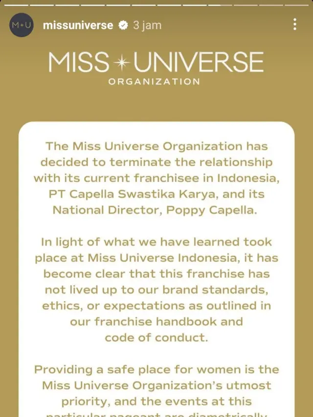 Pernyataan tertulis Organisasi Miss Universe. (Foto: Dok. Instagram @missuniverse)