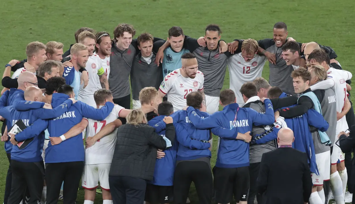 Kemenangan Denmark ini, mengantar mereka menempati posisi kedua klasemen sementara Grup B Euro 2020 dengan poin tiga di bawah Belgia. (Foto: AP/Pool/Hannah MacKay)