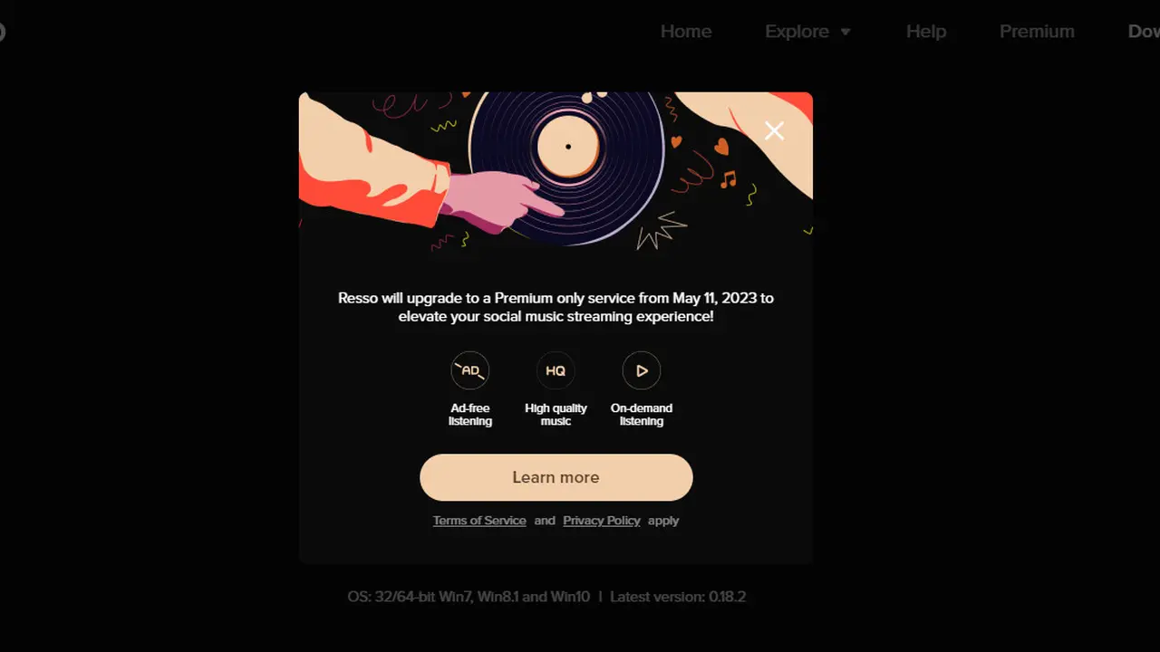 Pengumuman di situs resmi Resso, yang menyatakan layanan streaming itu hanya akan menawarkan layanan berbayar atau Premium mulai 11 Mei 2023 (Liputan6.com/Giovani Dio Prasasti)
