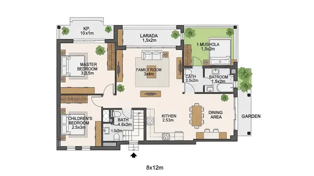 Denah Desain Rumah 8x12 dengan 3 Kamar dan Mushola