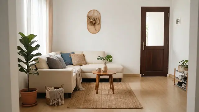 Model Ruang Tamu dengan Sofa L di Sudut Depan Rumah