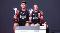 Ekspresi Praveen Jordan/Melati Daeva Oktavianti setelah menjuarai Denmark Terbuka 2019 di Odense Sports Park, Denmark, Minggu (20/10/2019). (PBSI)