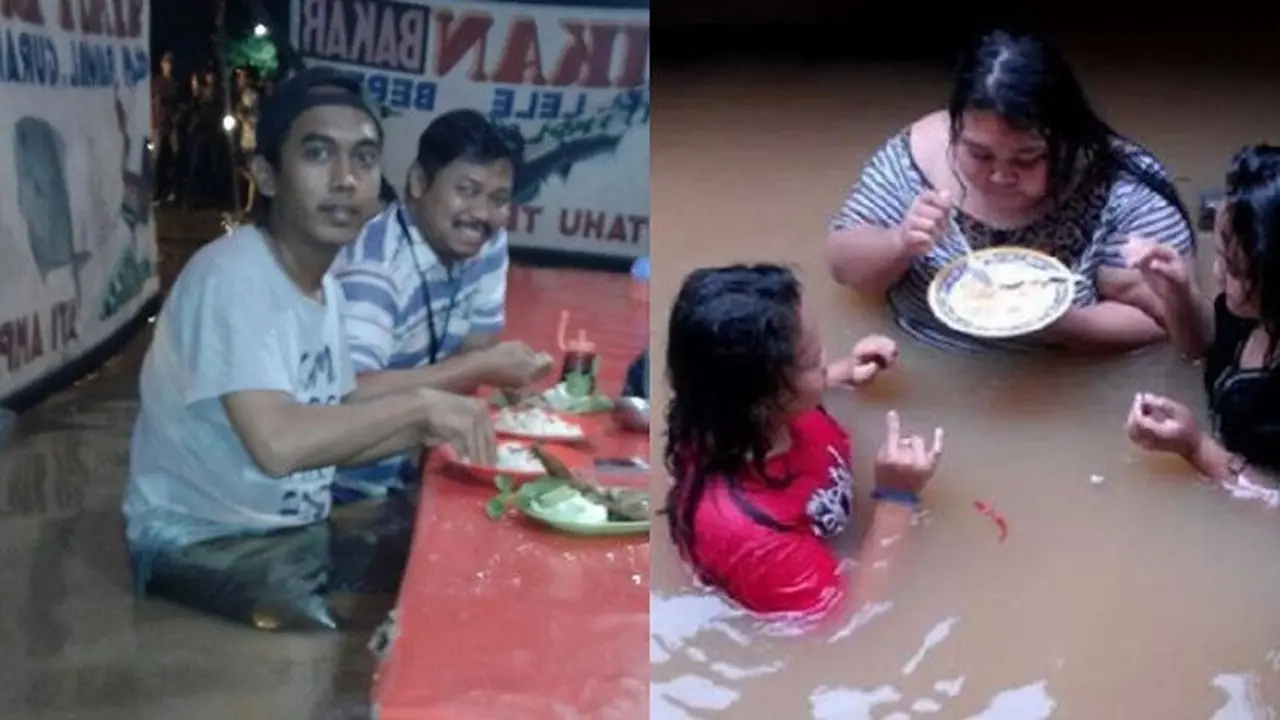 6 Potret Orang Makan dengan Santai Saat Banjir Ini Bikin Geleng Kepala