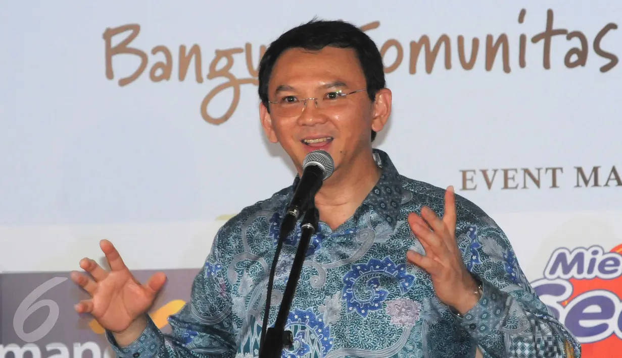Gubernur DKI Jakarta Basuki Tjahaja Purnama memberikan pidato, Jakarta, (5/3). Kegiatan bertujuan menginspirasi semua pihak ikut serta dalam proyek rusunawa. dan RPTRA sebagai sarana dalam membangun komunitas harapan bangsa. (Liputan6.com/Helmi Afandi)