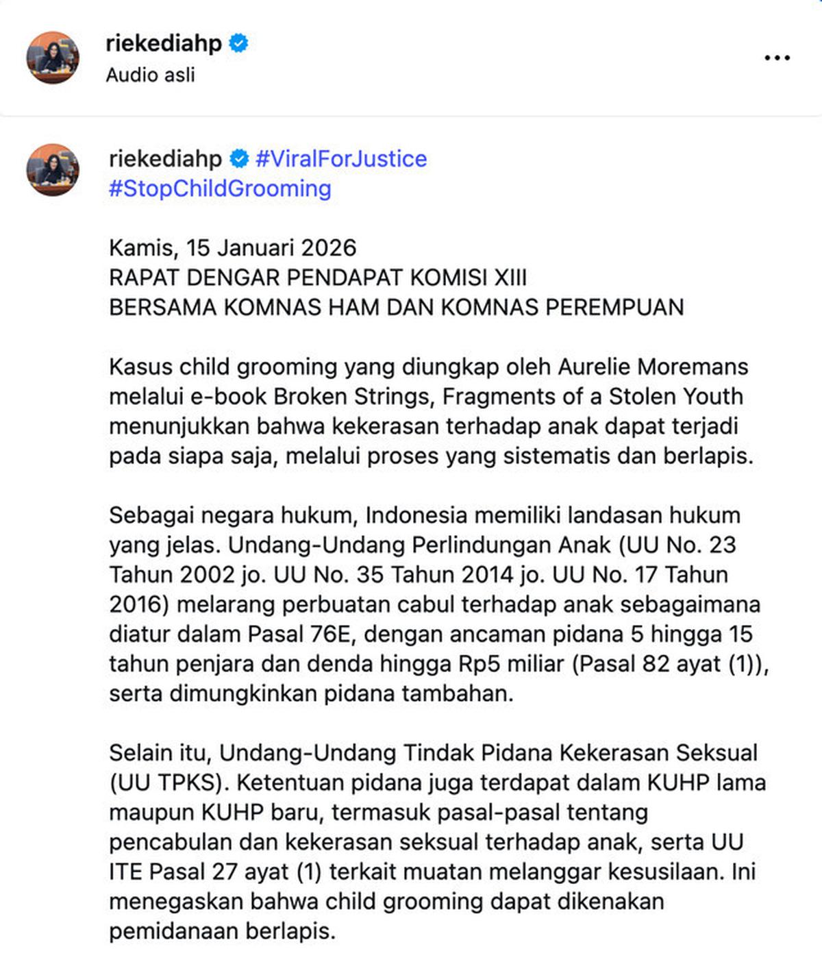 Rieke Diah Pitaloka Tanggapi Aurelie Moremans Jadi Korban Child Grooming, Singgung Pasal Berlapis!