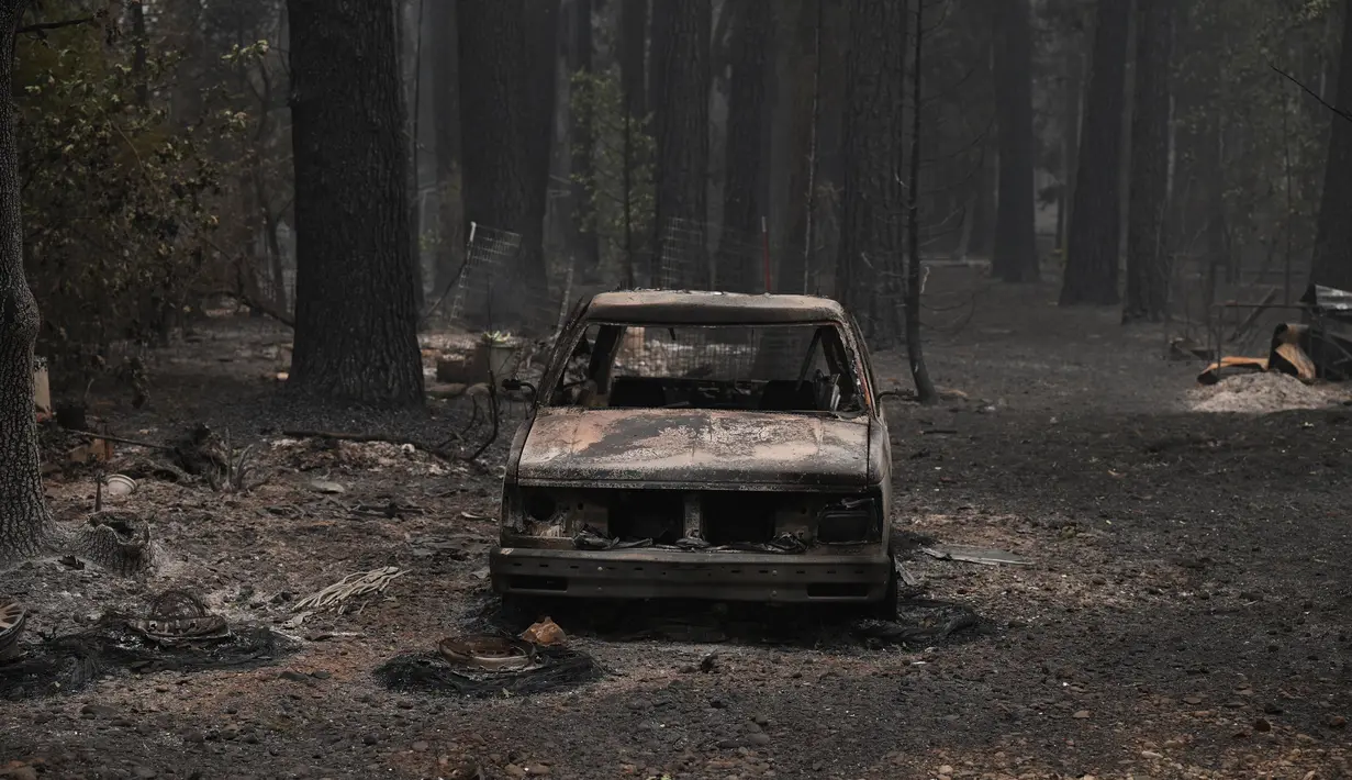 Sebuah mobil dan pohon-pohon yang terbakar hancur dalam Kebakaran Dixie Fire di daerah Air Terjun India di Plumas County, California (26/7/2021). Kebakaran terjadi sejak 14 Juli itu telah meratakan lebih dari selusin rumah dan bangunan lainnya ketika melahap kota kecil Indian Falls. (AFP/Robyn Beck)