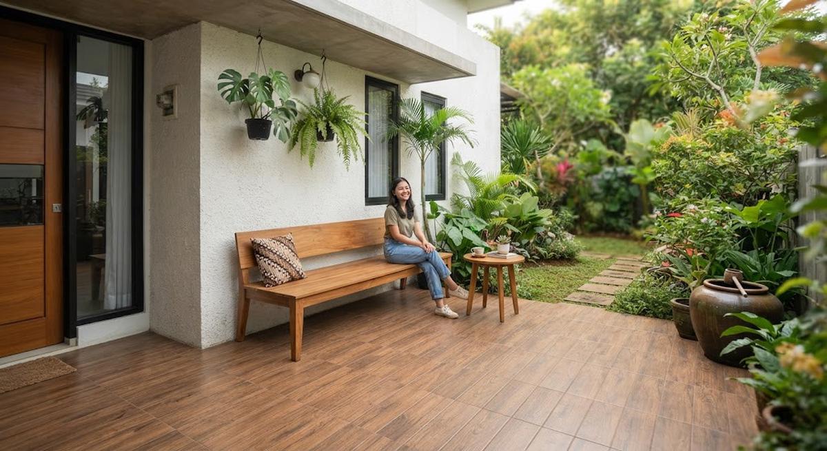 Model teras minimalis dengan lantai motif kayu yang cocok untuk rumah masa kini dengan tambahan kursi panjang