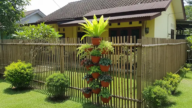 Pagar Bambu Vertikal dengan Susunan Pot Bertingkat