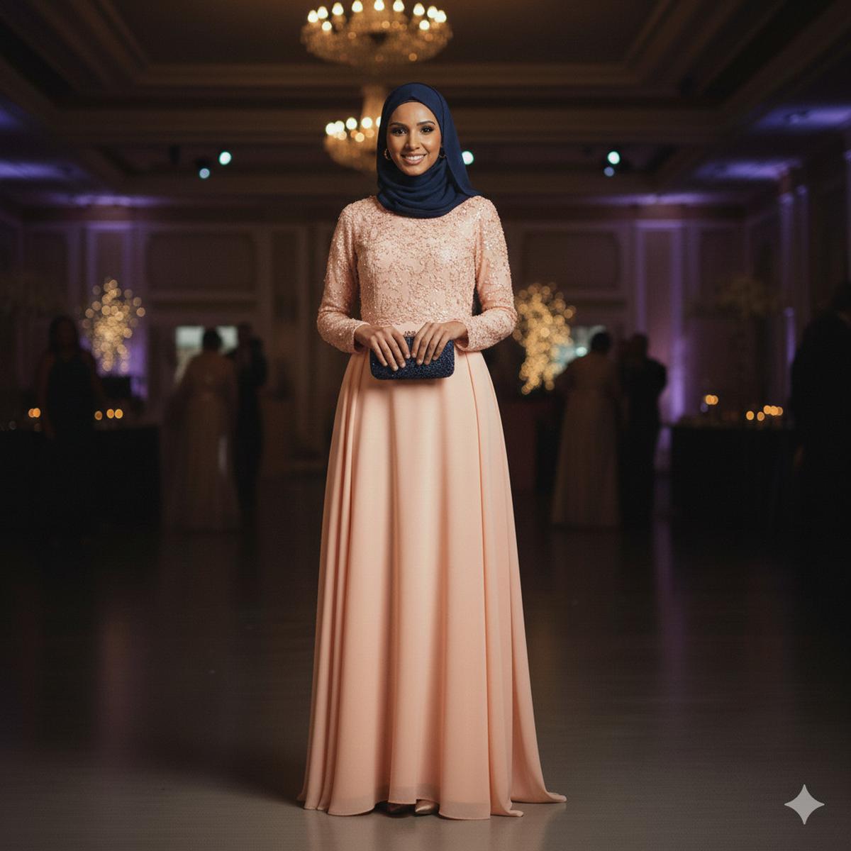 Ilustrasi Busana Peach dan Jilbab Biru