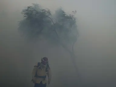 Seorang petugas pemadam kebakaran melawan angin kencang saat asap tebal dari Kebakaran Silverado memenuhi udara di Irvine, California, Senin (26/10/2020). Api yang bergerak cepat memaksa perintah evakuasi untuk 60.000 orang di California Selatan (AP Photo/Jae C. Hong)