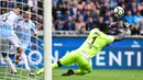 Kiper SPAL, Alfred Gomis, berusaha menangkap bola saat pertandingan melawan Inter Milan pada laga Serie A di Stadion Giuseppe Meazza, Minggu (10/9/2017). Inter Milan menang 2-0 atas SPAL. (AFP/Miguel Medina)