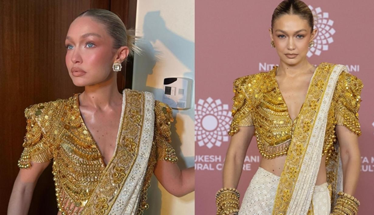 Melansir dari Hindustan Times, Gigi mengenakan pakaian khas India yang dirancang oleh Abu Jani Sandeep Khosla. Kakak kandung Bella Hadid itu tampil memukau di karpet merah NMACC dengan mengenakan sari yang memadukan warna putih gading dan emas. (Liputan6.com/IG/@gigihadid)