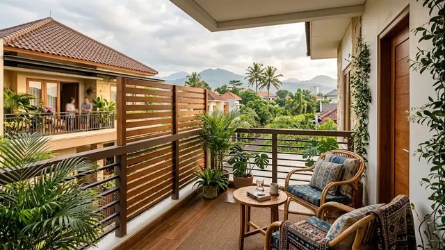 Desain balkon rumah yang berhadapan dengan tetangga namun tetap nyaman dan punya pemandangan indah model dengan panel penyekat