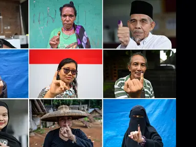 Foto kombinasi yang dibuat pada tanggal 14 Februari 2024 ini menunjukkan orang-orang yang menunjukkan jari-jari mereka yang telah bertinta setelah memberikan suara dalam pemilihan presiden dan legislatif di berbagai lokasi di Indonesia. (Foto oleh AFP)