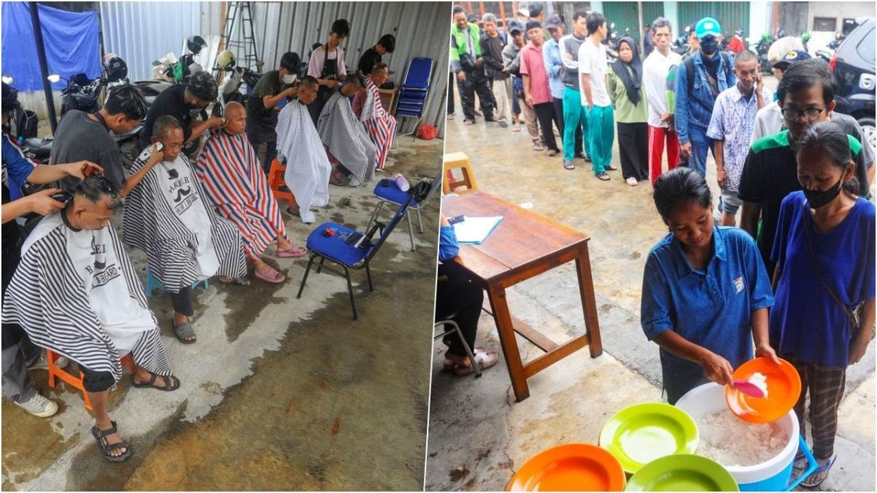 FOTO: Tak Pernah Sepi, Warga Ramai Datang ke Tempat Ini untuk Cukur Rambut dan Makan Gratis di Depok