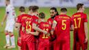 Para pemain Belgia merayakan gol ketiga ke gawang Belarusia yang dicetak striker Leandro Trossard (tengah, belakang) dalam laga Kualifikasi Piala Dunia 2022 Zona Eropa Grup E di King Power Stadium, Belgia, Selasa (30/3/2021). Belgia menang 8-0 atas Belarusia. (AP/Francisco Seco)