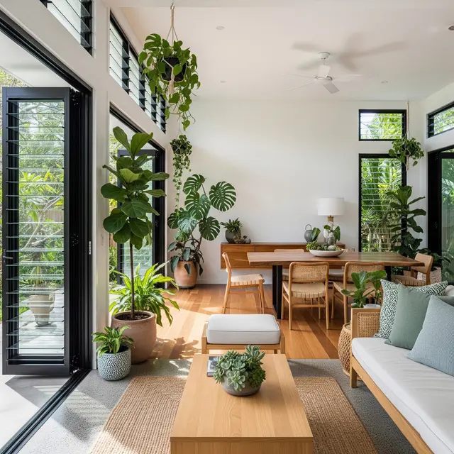 Desain Rumah Adem dengan Ventilasi Silang dan Tanaman Indoor (Gemini AI)