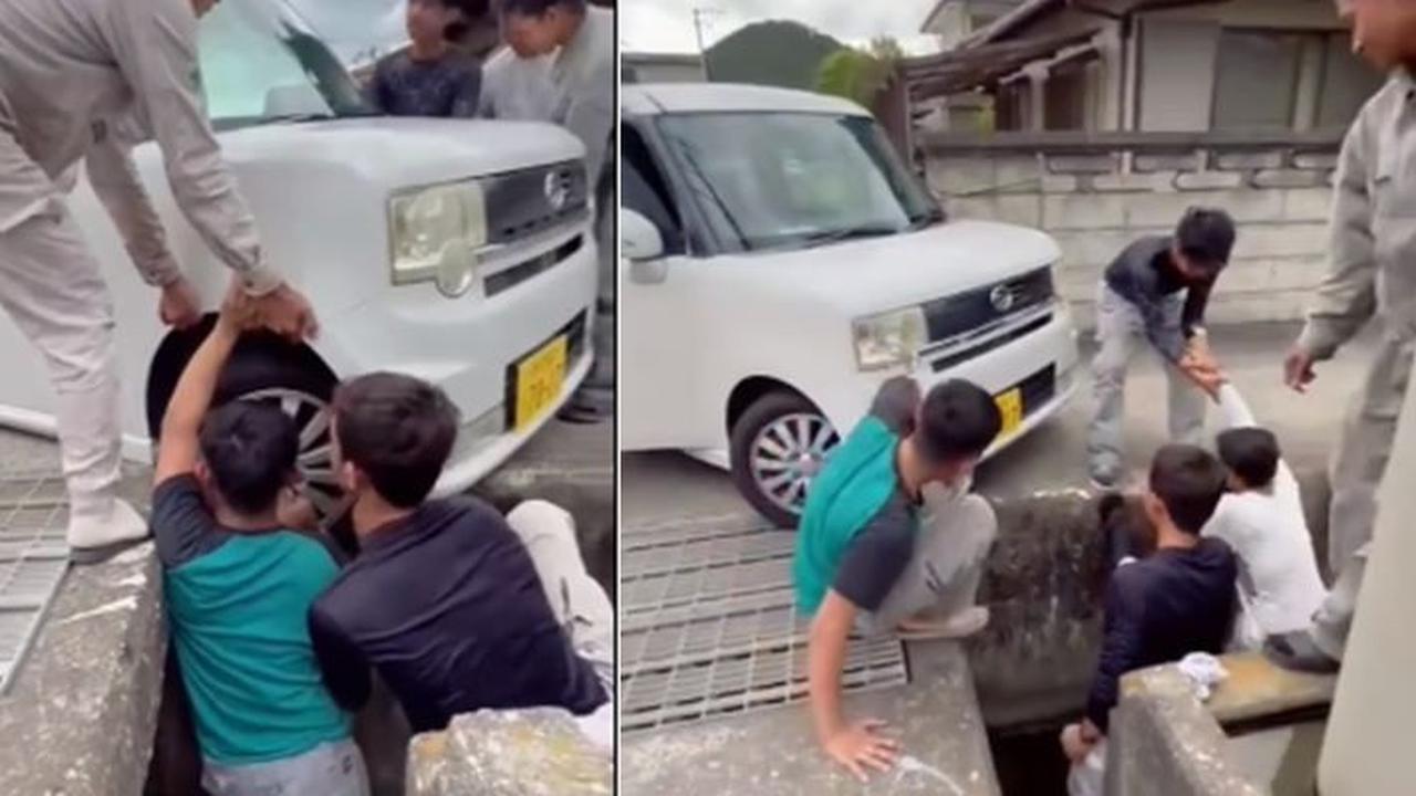 Gerombolan Pria WNI Bantu Angkat Mobil hingga Turun Langsung ke Selokan di Jepang, Aksinya Langsung Disorot