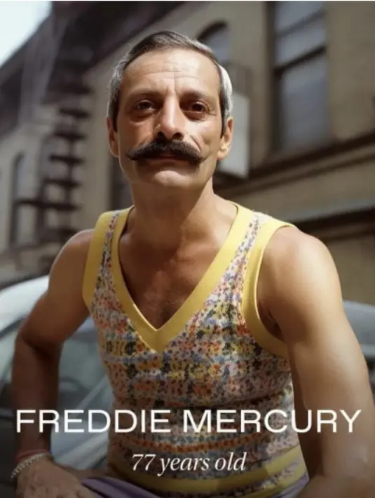 Farrokh Bulsara atau dikenal dengan Freddie Mercury, adalah seorang penyanyi, penulis lagu, dan pemimpin band yang terkenal sebagai vokalis utama dari grup musik legendaris Queen. Begini penampilannya jika ia hidup hingga usia 77 tahun. [Foto: ©2023 Twitter.com/eyishazyer | Midjourney]