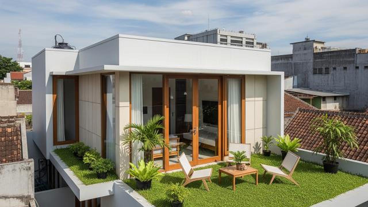 Taman Atap Minimalis dengan Rumput/Rumah Compact dengan Atap Tanaman Hijau Anti Panas dan Bocor (Sumber: gemini.com)