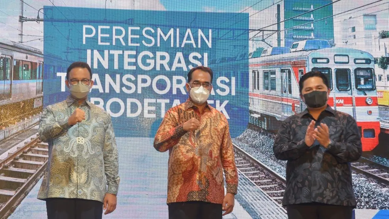 Peresmian Integrasi Transportasi Jabodetabek secara daring dihadiri Menteri BUMN Erick Thohir, Menteri Perhubungan Budi Karya Sumadi, dan Gubernur Provinsi DKI Jakarta  Anies Baswedan. (Dok Kemehub)