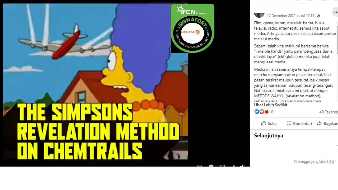Cek Fakta Liputan6.com menelusuri klaim penyebaran chemtrails telah diungkap dalam film The Simpsons