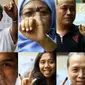 Kolase foto warga saat menunjukkan jari bertinta usai menggunakan hak pilih pada Pemilu 2019 di Jakarta, Rabu (17/4). Pemilu 2019 digelar serentak untuk memilih presiden dan wakil presiden, DPR, DPD, DPRD Provinsi serta DPRD Kabupaten/Kota. (Liputan6.com/JohanTallo)