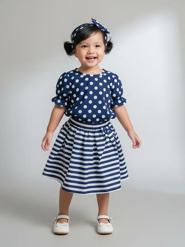 Model Baju Anak Perempuan 1-5 Tahun Atasan Motif Polkadot & Rok Stripe