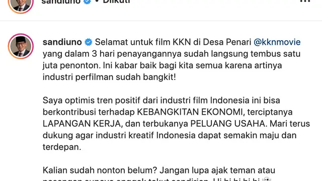 Unggahan Menteri Sandiaga Uno soal KKN Di Desa Penari. (Foto: Dok. Instagram @sandiuno)