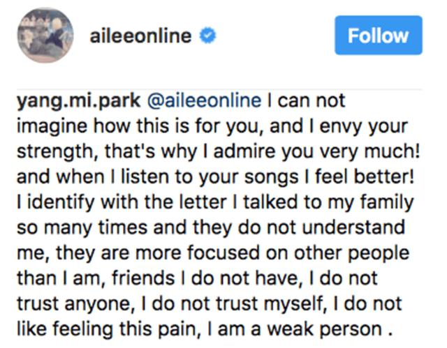 Ailee menjadi sumber inspirasi dan kekuatan @yang.mi.park./Copyright instagram.com/aileeonline