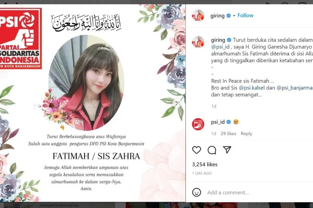 Perempuan bernama Fatimah berhasil teridentifikasi tewas dalam kecelakaan bersama AKP Novandi Arya Kharisma merupakan kader PSI.
