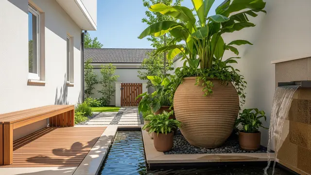 Desain Teras Rumah Sederhana dengan Tanaman Pot Besar (AI)