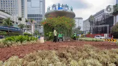 Petugas Dinas Pertamanan dan Hutan Kota Provinsi DKI Jakarta menaikkan tanaman hias yang rusak ke truk di kawasan Bundaran HI, Jakarta, Senin (1/1/2024). Sejumlah tanaman di kawasan Bundaran HI rusak akibat terinjak-injak pada perayaan malam Tahun Baru 2024. (merdeka.com/Arie Basuki)