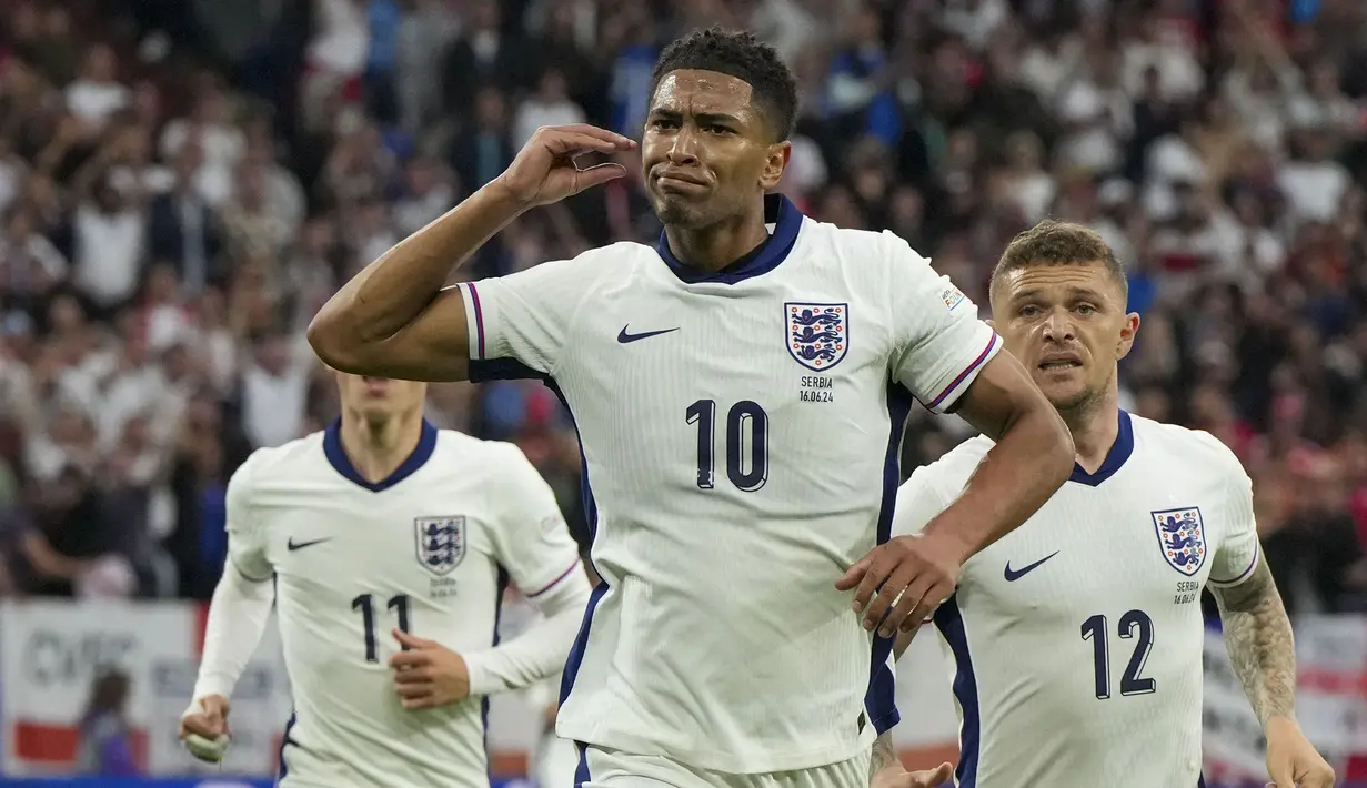 Kemenangan Timnas Inggris 1-0 atas Serbia pada laga perdana Grup C di pentas Euro 2024, Senin (17/6/2024) dini hari WIB menciptakan beberapa rekor mentereng yang sukses ditorehkan tiga penggawanya. Siapa saja dan rekor apa saja yang sukses ditorehkan? Simak uraiannya berikut ini. (AP Photo/Martin Meissner)