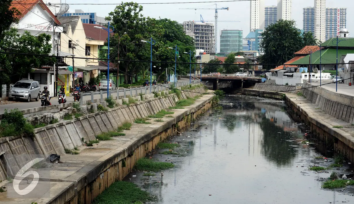 Kondisi aliran sungai yang melintasi kawasan Raden Saleh, Jakarta, Selasa (16/2/2016). Kondisi air terlihat kotor dan berbau serta terlihat banyak tumpukan sampah. (Liputan6.com/Helmi Fithriansyah)
