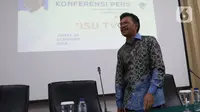 Menkominfo Johnny G Plate memberikan keterangan usai pertemuan terpisah antara Dewan Pengawas Lembaga Penyiaran Publik (LPP) dengan Direksi TVRI, di Jakarta, Jumat (6/12/2019). Johnny meminta kisruh internal TVRI ini tidak berdampak pada program-program TVRI. (Liputan6.com/Johan Tallo)