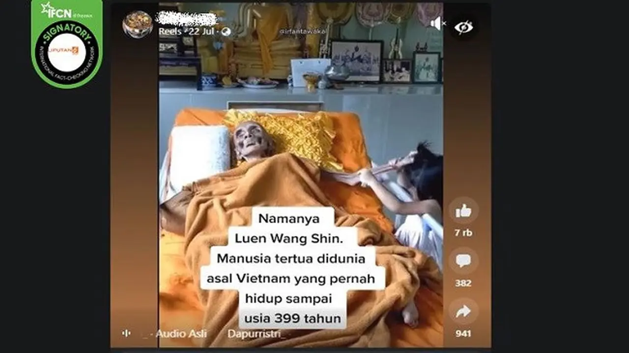 Gambar Tangkapan Layar Video yang Diklaim Manusia Tertua di Dunia Bernama Luen Wang Shin Asal Vietnam (sumber: Facebook).