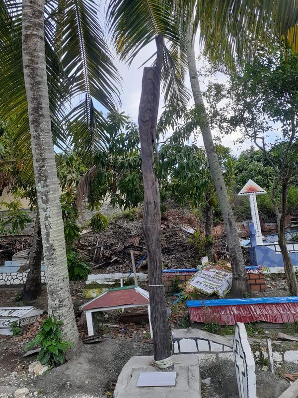 Tiang rumah berukir, saat ini disimpan oleh masyarakat Asei, ditempatkan di ruang publik dekat lapangan bola voli. (Liputan6.com /Katharina Janur/ Dok. Foto Hari Suroto)